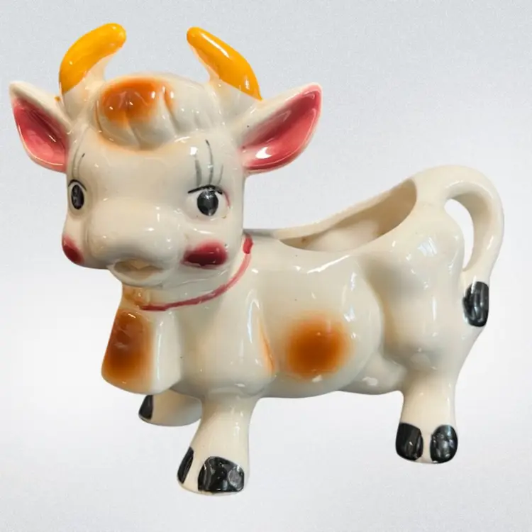 1950s Cow Creamer Pitcher – Hand-Painted Ceramic Japan, 5.5”L x 4.5”H