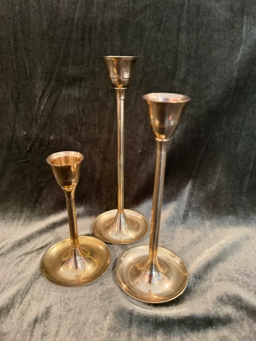 Set of Three Vintage Solid Brass candlestick holders. Made in India