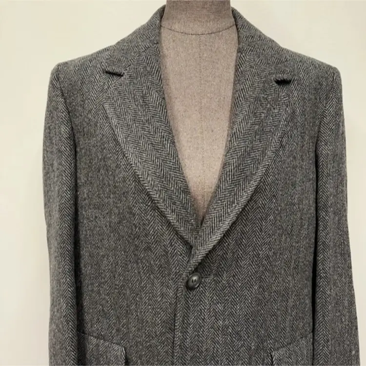 Vtg London Fog 100% Wool Trench Coat Long Dress Overcoat Gray Herringbone Tweed
