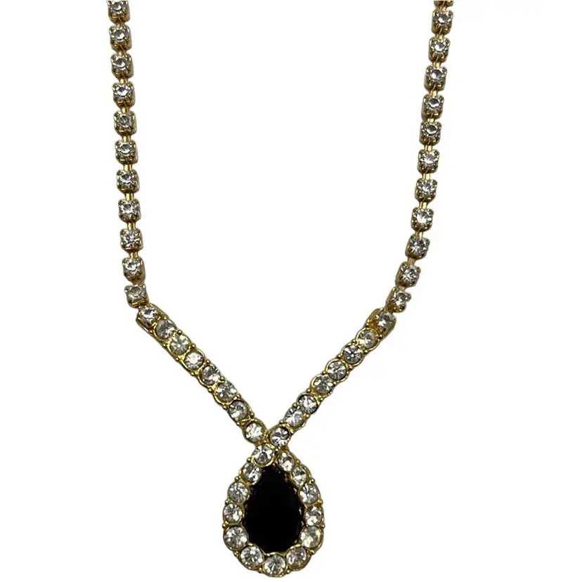 Vintage Trifari Gold Tone Tear Drop Necklace with Black and Clear Rhinestones