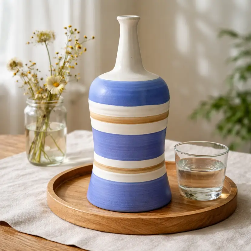 Bud Vase, 3 Thick Blue Bands, Narrow Neck, Artist Signed, 9" Tall