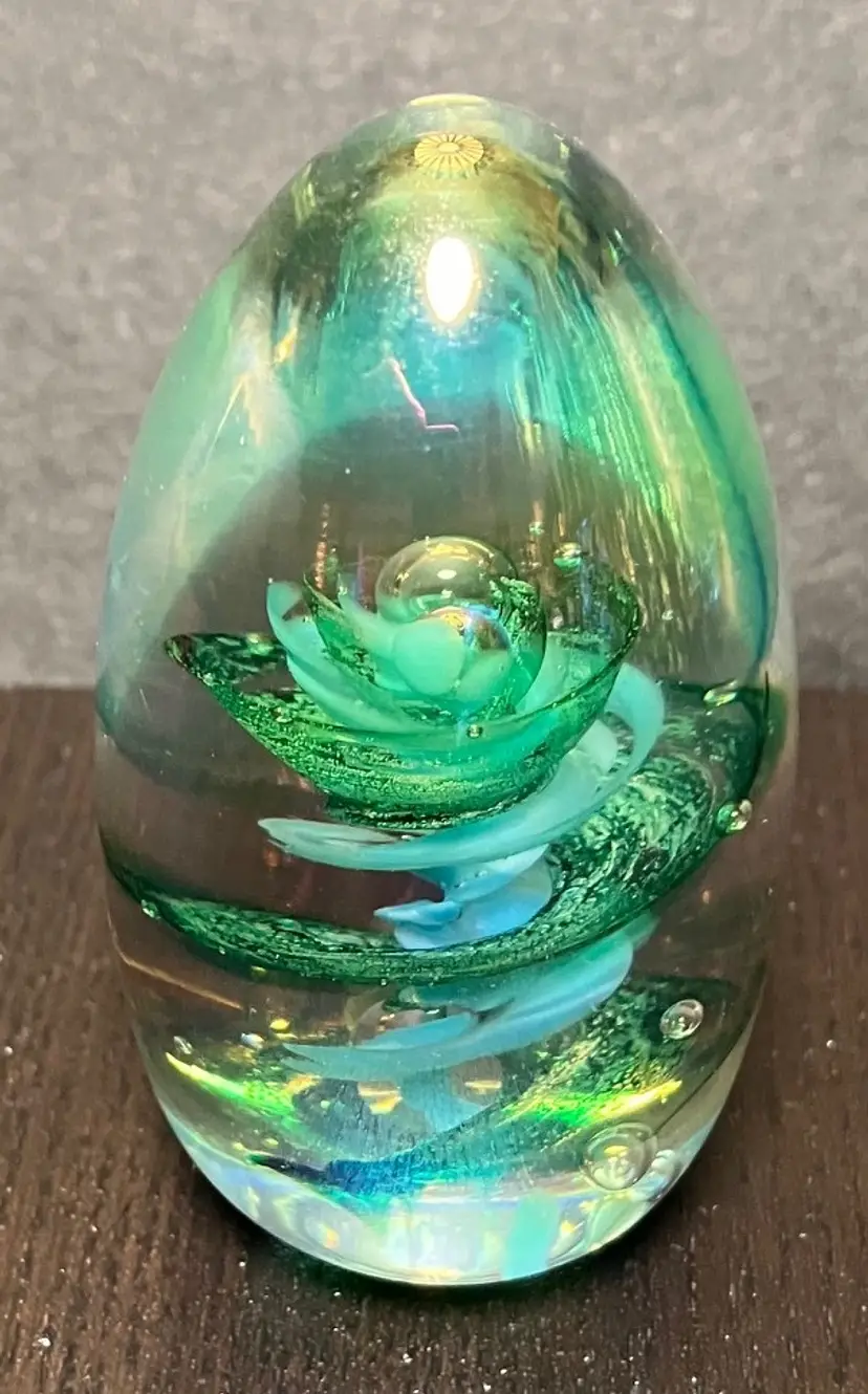 VTG Green Swirl Egg-Shaped Art Glass Paperweight Signed
