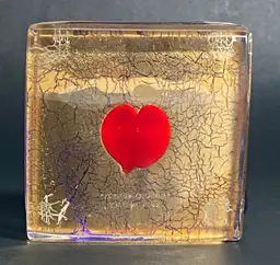 Vetro Artistico Murano Gold Leaf Glass Paperweight w/Heart Shaped Rose Petal