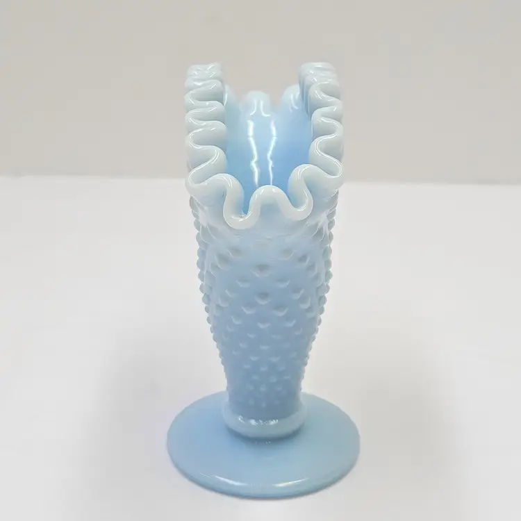 Vintage Fenton Pastel Blue Milk Glass Hobnail Fan Vase