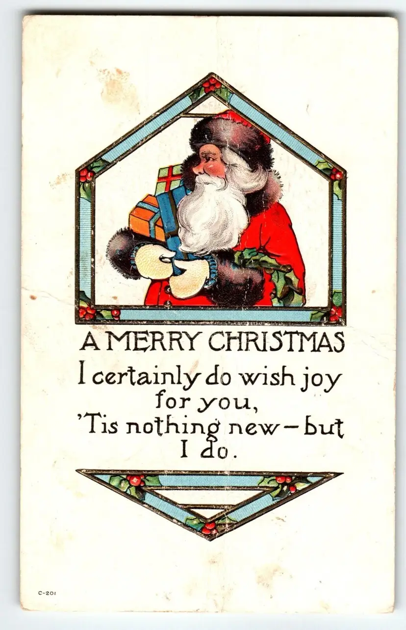 Santa Claus Christmas Postcard Jolly Ole Saint Nick Holding X-mas Gifts Embossed