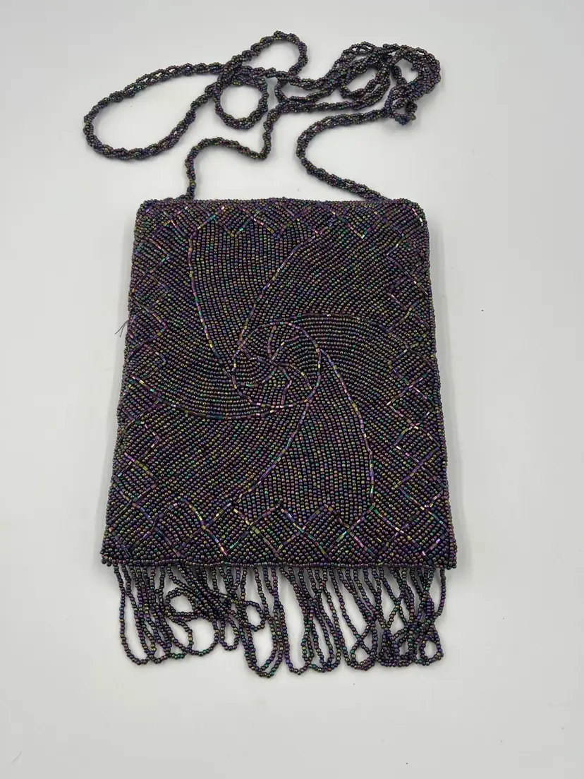 Vintage Beaded Evening Bag, Purple, Iridescent, And Fringe Beading