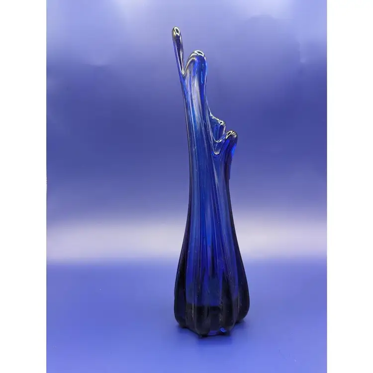Vintage Ribbed Cobalt Blue Five Finger Swung Glass Vase
