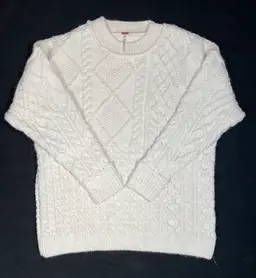 Free People Women's Cream Pull Over Long Crew Neck Cable Knit Sweater Sz S