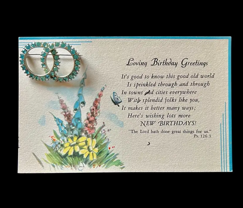 Vintage Linked Circles Blue Rhinestones Silvertone Infinity Brooch & Postcard  #G-1