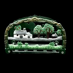 #264A Heavy Vintage Cast Iron Letter Or Napkin Holder With Farm House And Trees Die Cut And Painted.