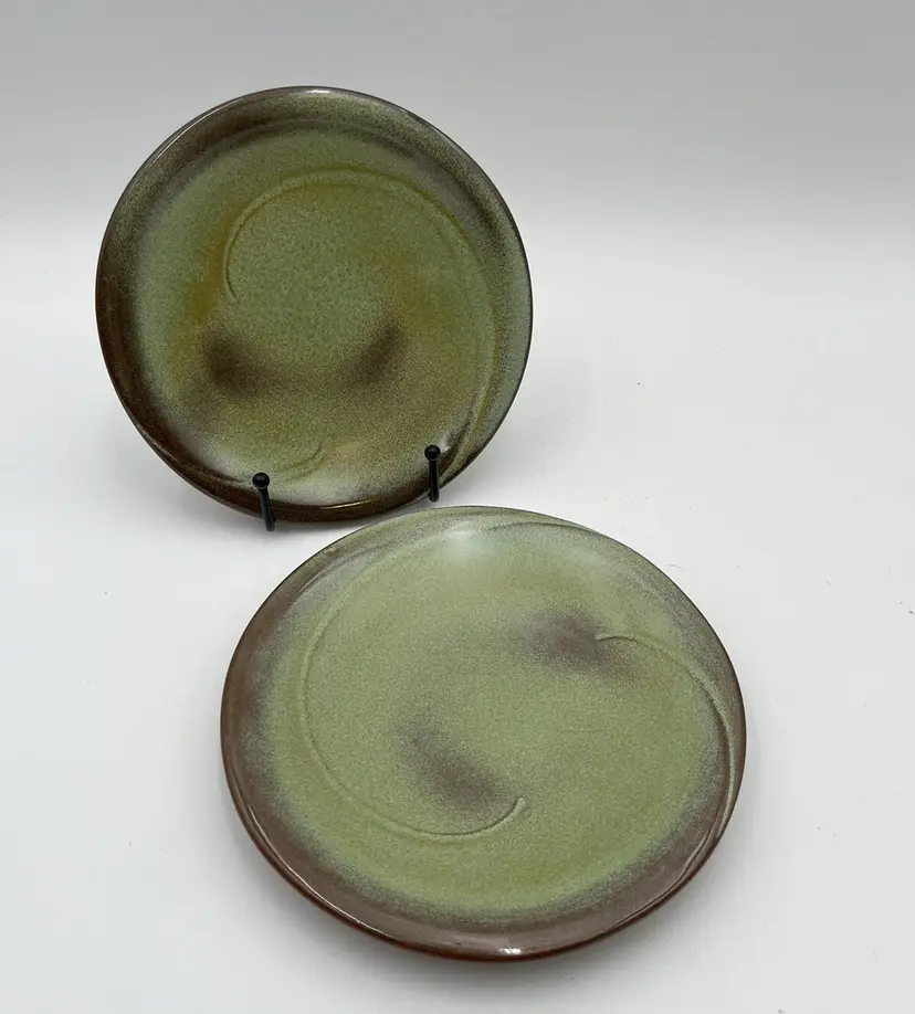 SET TWO PAIR Vintage Olive Green & Brown Frankoma Plates - 7"
