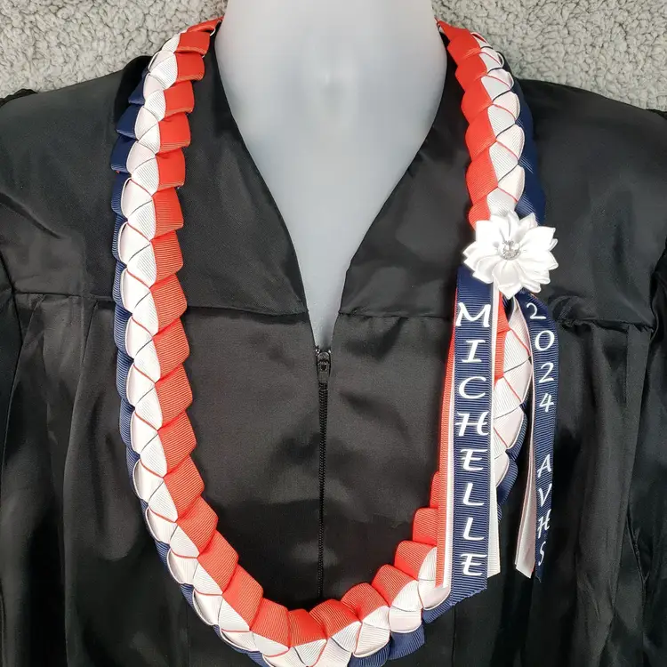 Personalize Hawaiian Graduation 4-Ribbon Custom Color Lei with Satin Rhinestone Flower (Class of 2025 Grad Necklace Neckwear)