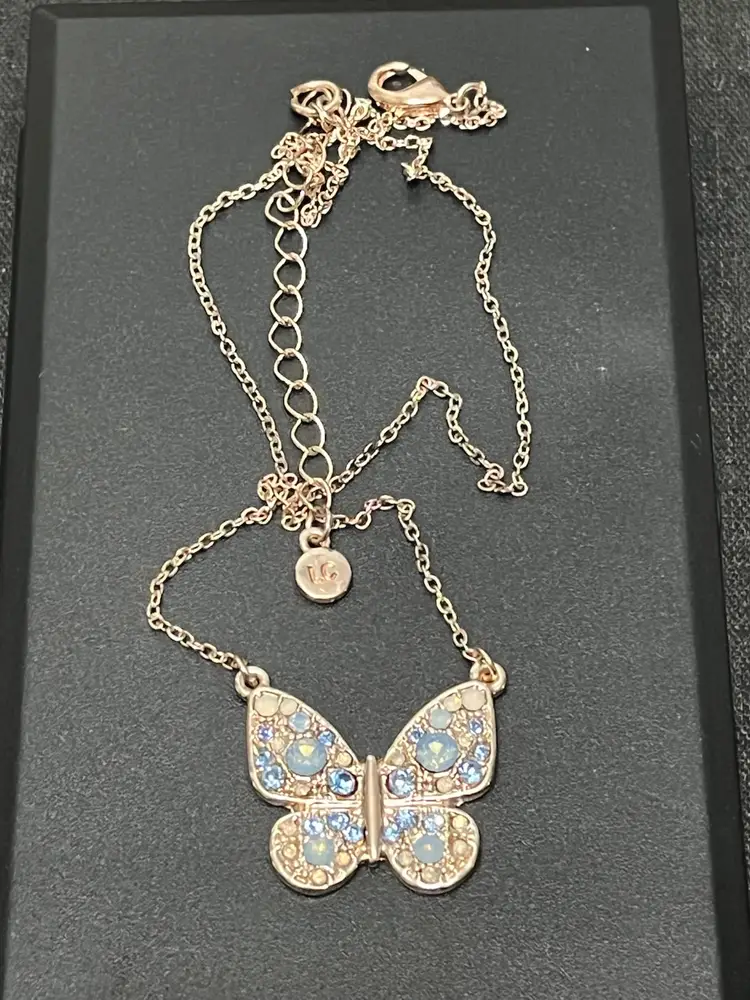 Rose Goldtone Butterfly Pendant Necklace Blue & Opalite Colored Rhinestones 15.5”-18”