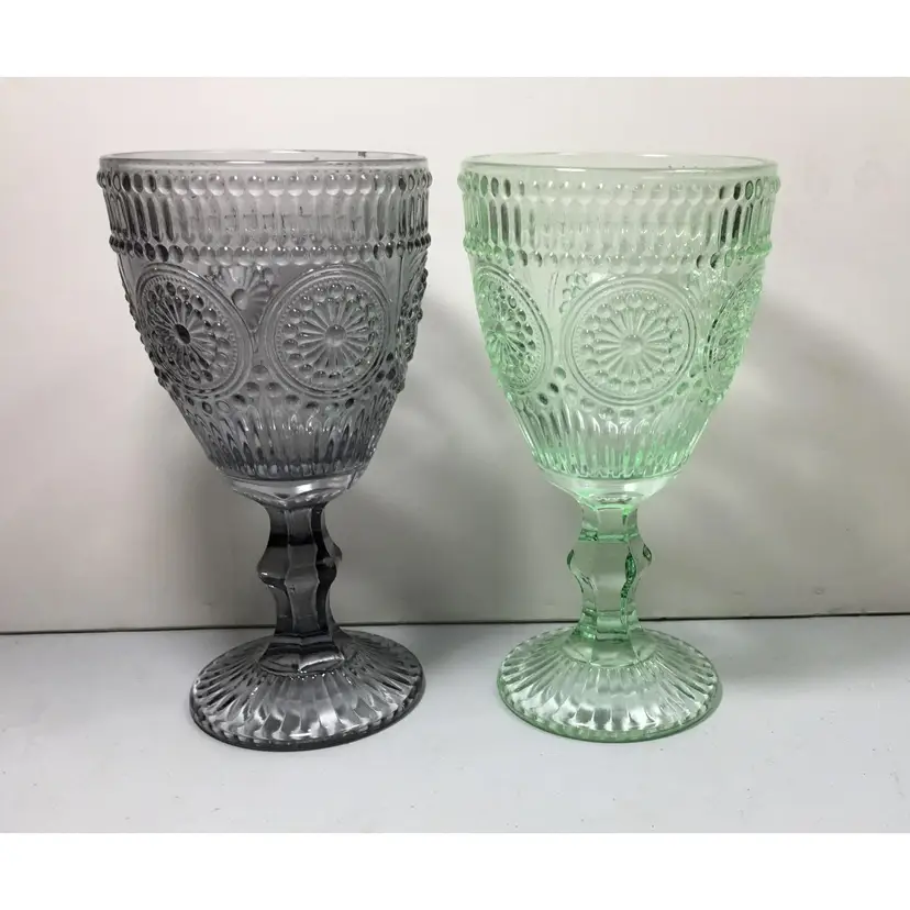 2 decorative, pressed, stemmed wine glasses, green & gray, new in boxes