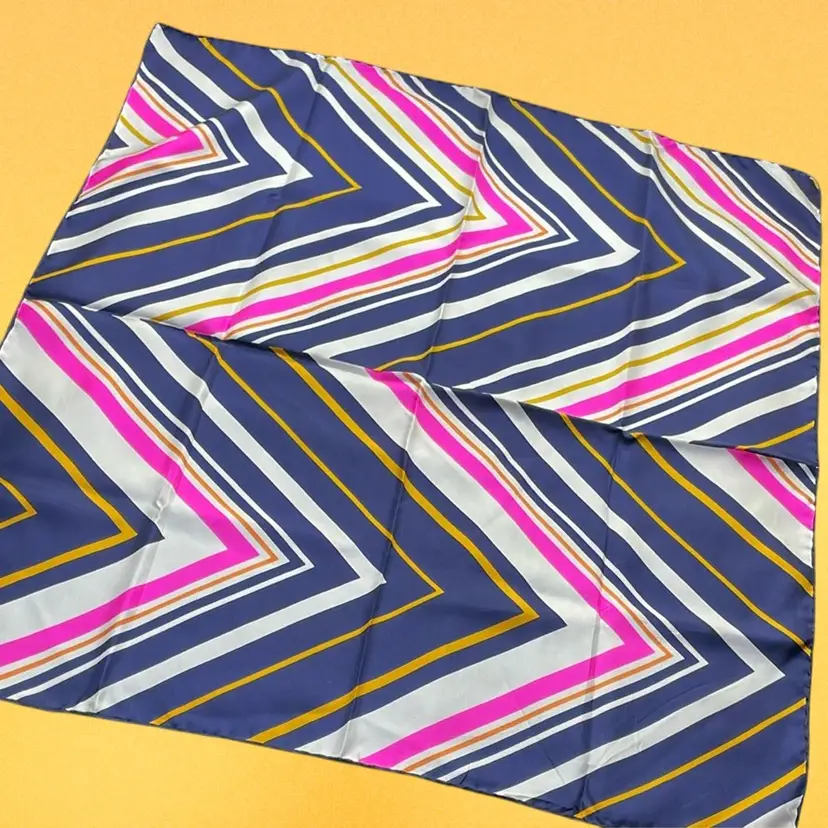 Vintage Marcus Navy, Pink, Yellow All Silk Square Scarf Made in Italy Hand Rolled, 26"x26"