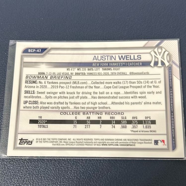 2021 Bowman Chrome Austin Wells Sparkle Refractor /299 New York Yankees