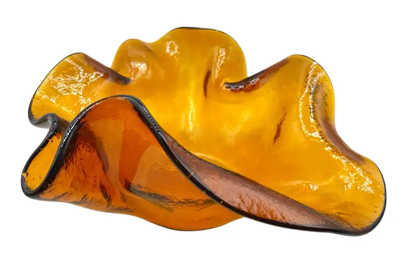 Vintage Large Art Glass Freeform Centerpiece Fruit Bowl Amber Textured Bubble