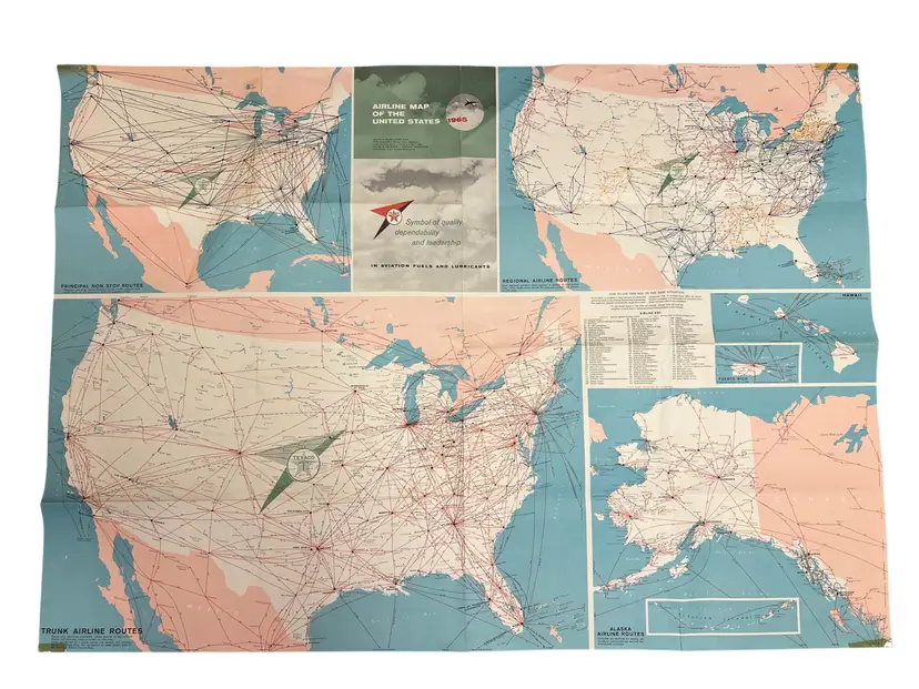 1965 Texaco Airline Map of the United States, 43"×31" Vintage Aviation Poster