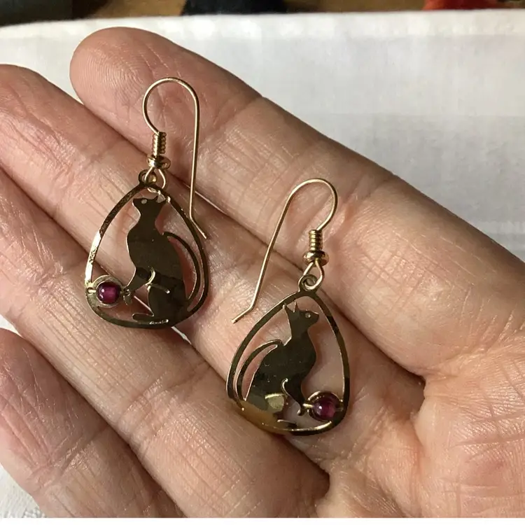 Wild Bryde Playful Cats Gold Plated With Garnet Ball 1.5”