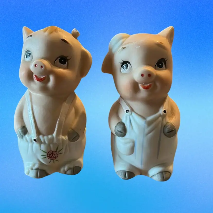 Vintage Ceramic Bisque Boy and Girl Pig Salt and Pepper Shakers Set