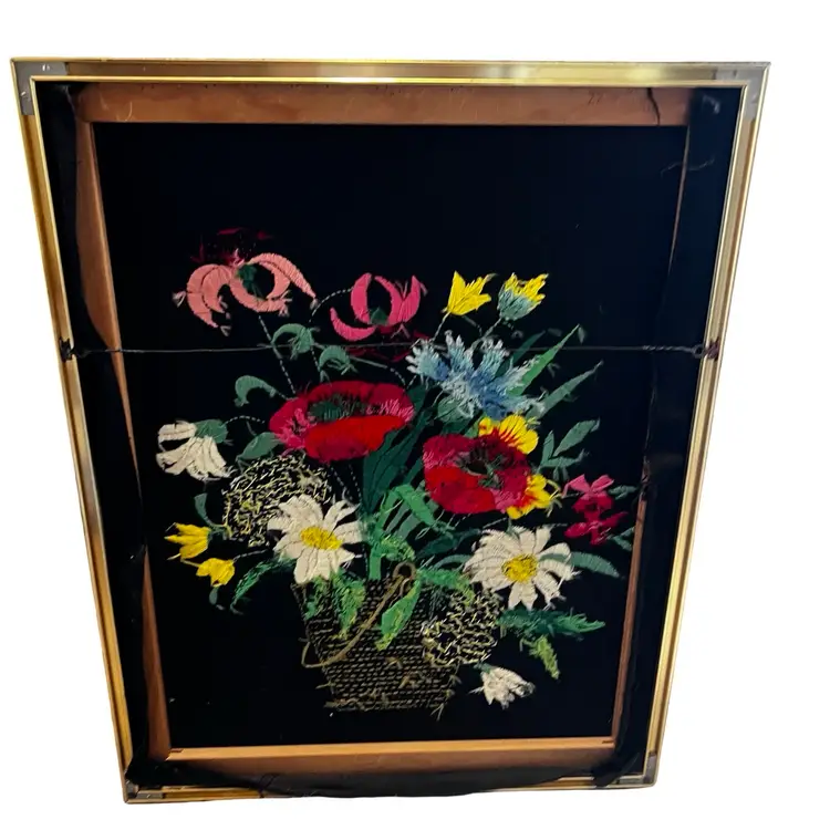 VTG MCM Needlepoint Crewel Embroidery Flowers Basket 24" x 29”Wall Art Floral Dark & Moody Decor