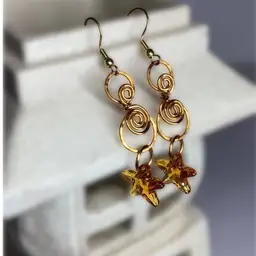 Double Swirled Golden Wire With Swarovski Starfish Earrings