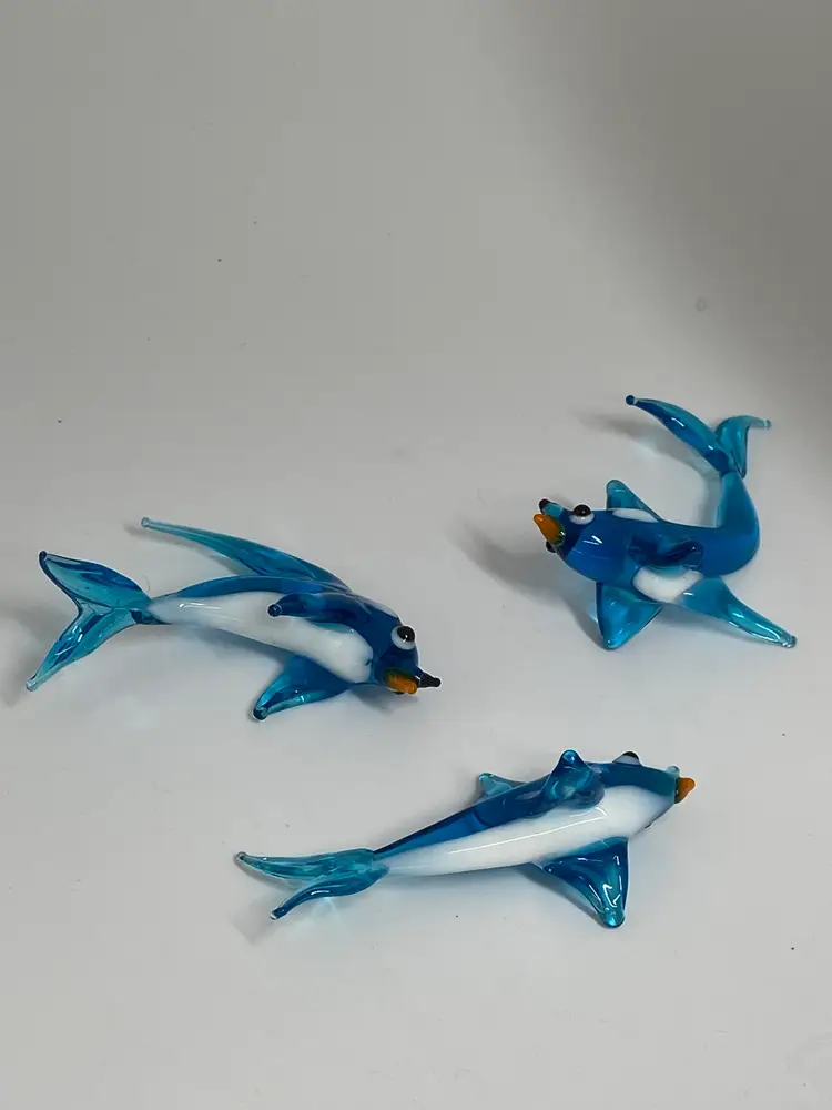 3 Miniature Handblown Blue Glass Dolphin Figurines, 3"