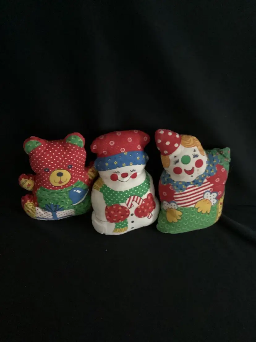 Christmas Pillows Ornaments - 3 Small Stuffed Handmade Vintage Teddy Bear Snowman Clown - Very Good Condition