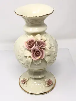 Pink Rosebud Capodimonte Vase with Gold Painted Details