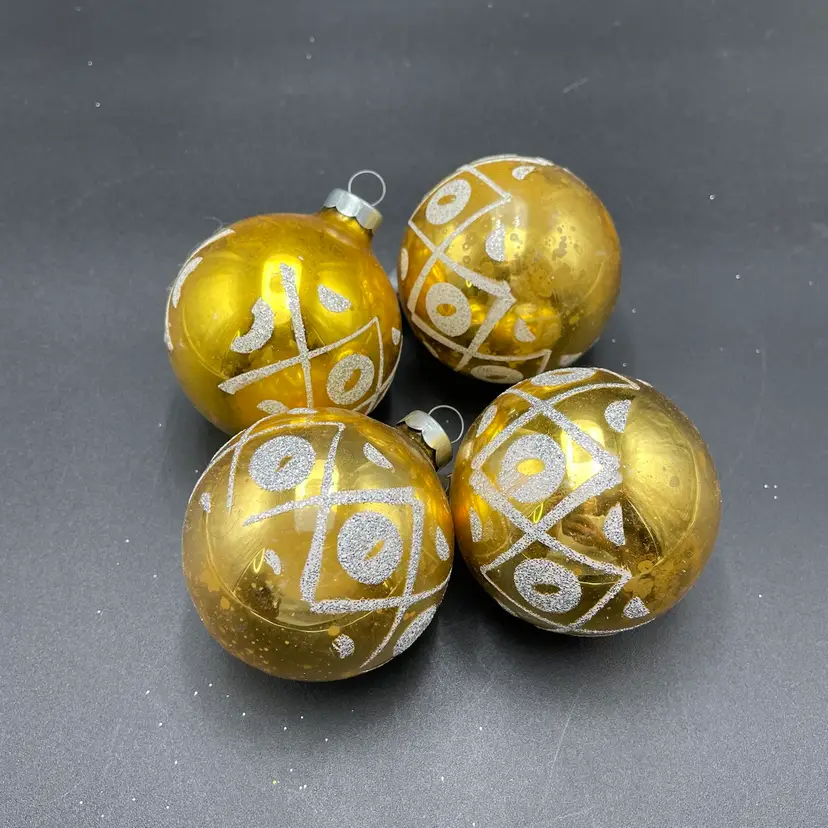 Gold Glass White Mica Stenciled Pattern Set of 4 VTG Christmas Ornaments