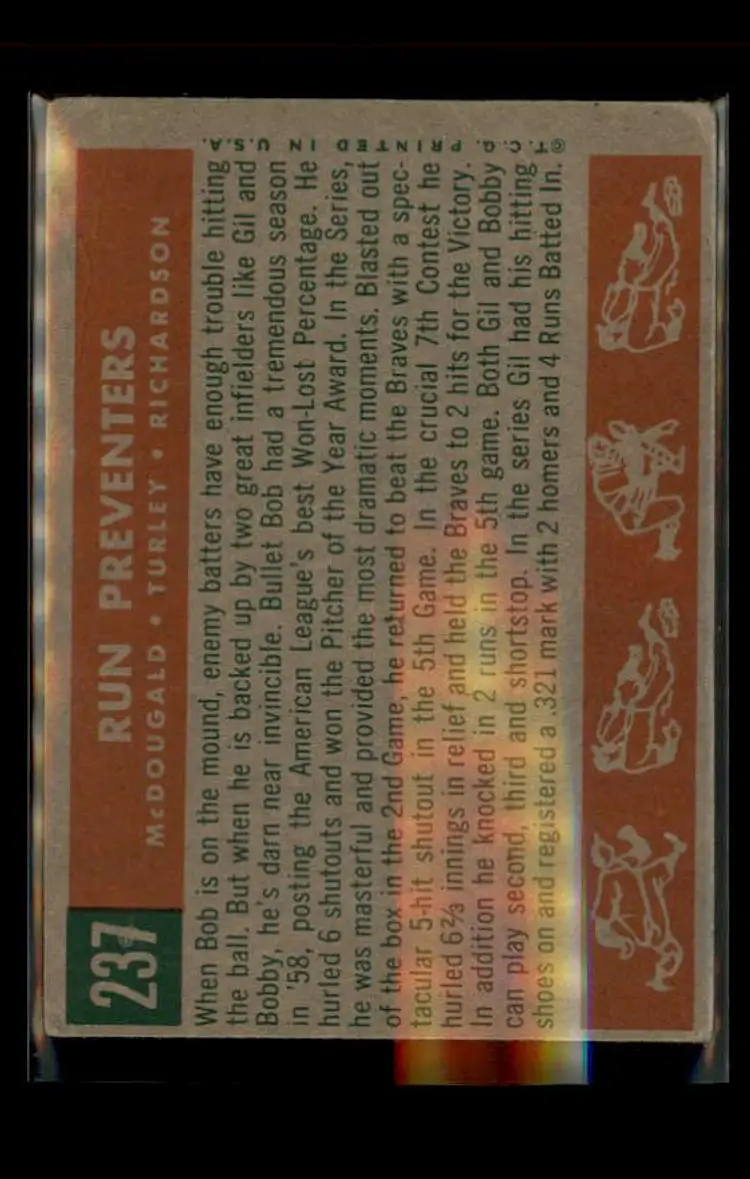 1959 Topps #237b Run Preventers (McDougald / Turley / Richardson) - ( pk4 ) - New York Yankees