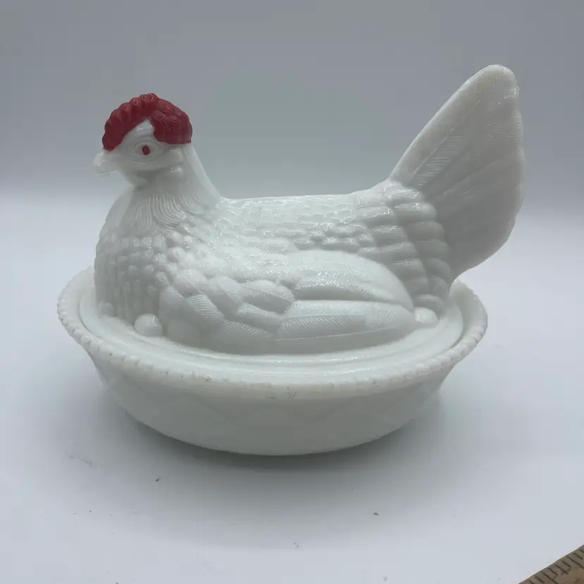 Vintage Milk Glass With Red Head Hen On Nest Dish 8" x 6"