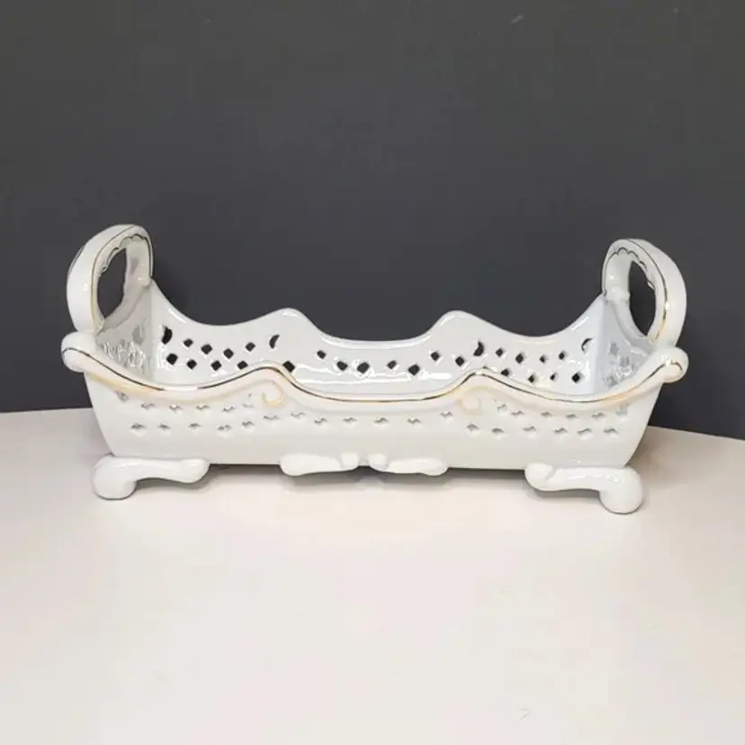 Cracker Serving Boat Vintage Porcelain Treasures Dish with 24kt Gold Trim