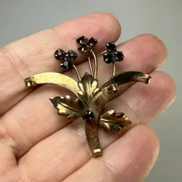 Vintage Gold Tone Floral Spray Bouquet Brooch Pin Dark Purple Rhinestones MCM