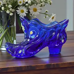 Fenton Cobalt Blue Hand Painted Signed  Glass Shoe Vintage
