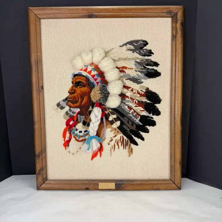 Vintage Framed American Indian Chief Crewel Embroidery Art 16" X 20" Wall Décor
