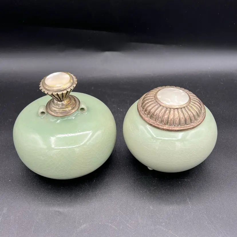 Antique Chinese Export Celadon Crackle Glaze Vanity Jars With Heavy Mixed-Metal & Shell Lids - A Pair