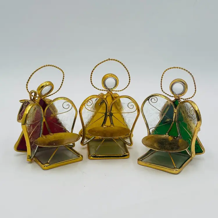 Stained Glass & Gold Trim Angel Votive Holders Trio
