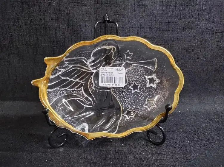MIKASA Holiday Angel Song Gold Trim Clear Glass 6" Trinket Candy Dish