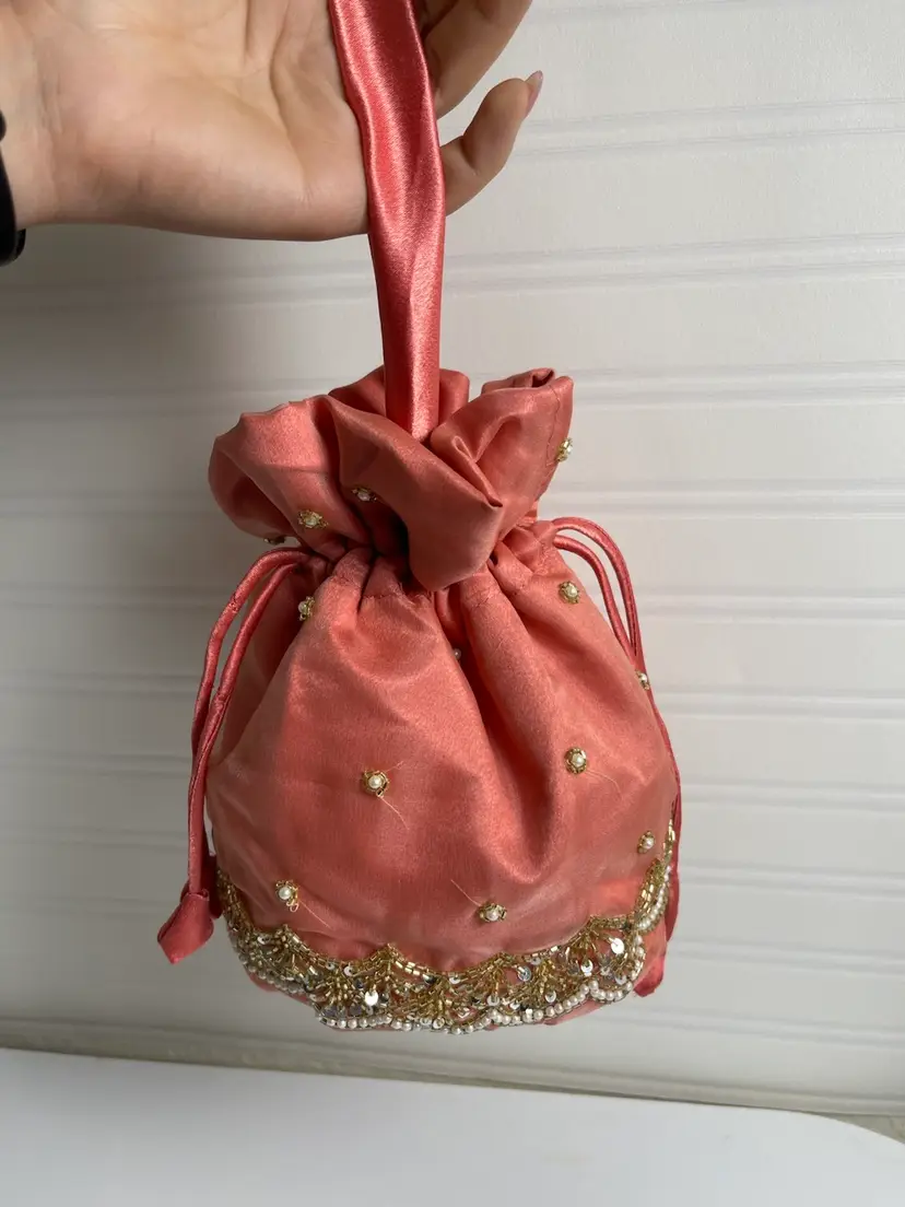 Women's Small Beaded Sequin Fabric Fairy Princess Potli Bag Coral Whimsy