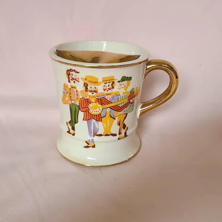 Vintage Enesco Barbershop Quartet Band Mustache Mug 12oz Gold Gilt Shave Coffee