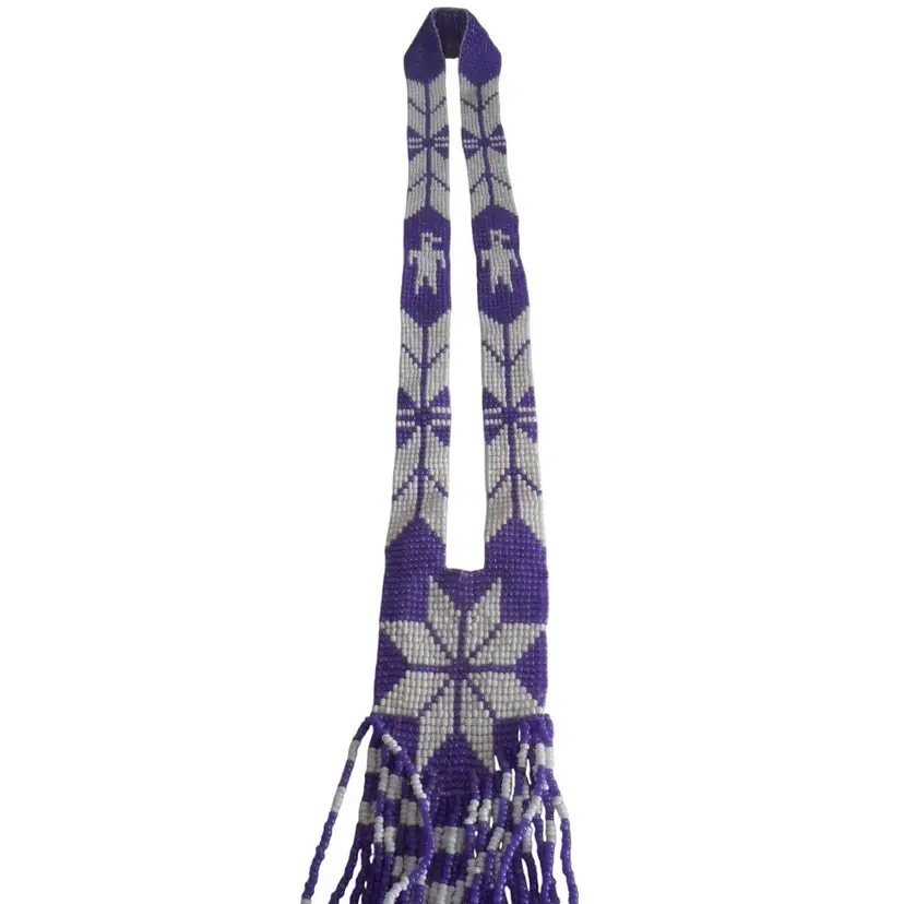 Vintage Handmade Native American Necklace Seed Bead 19" Purple white tassels
