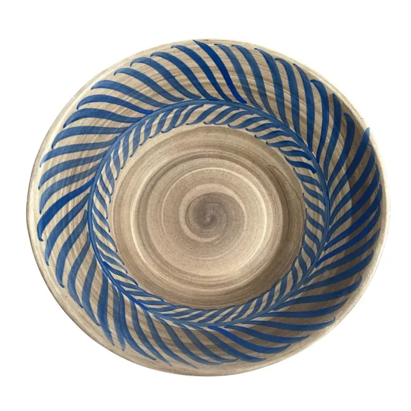 Vintage California Cleminsons Caltempo Pottery MCM Ceramic Serving Bowl Blue Feather 9"