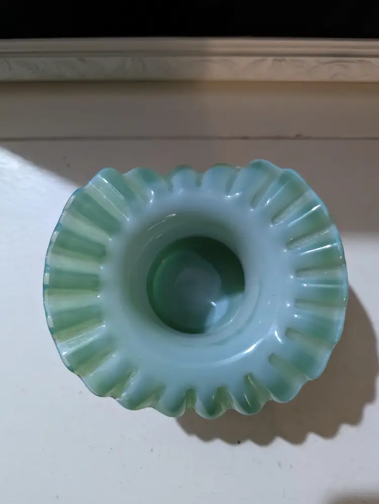Vintage Fenton Jade Color and White Ruffled Edge Glass Hat.