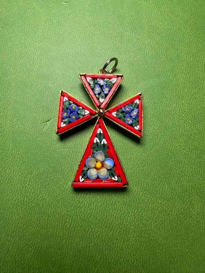 Vintage Italian Micro Mosaic Cross Pendant β Red & Blue Floral β Marked Italy