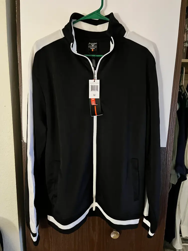 Men's Black White Track Jacket Full Zip Athletic Sportswear Jacket Size Medium