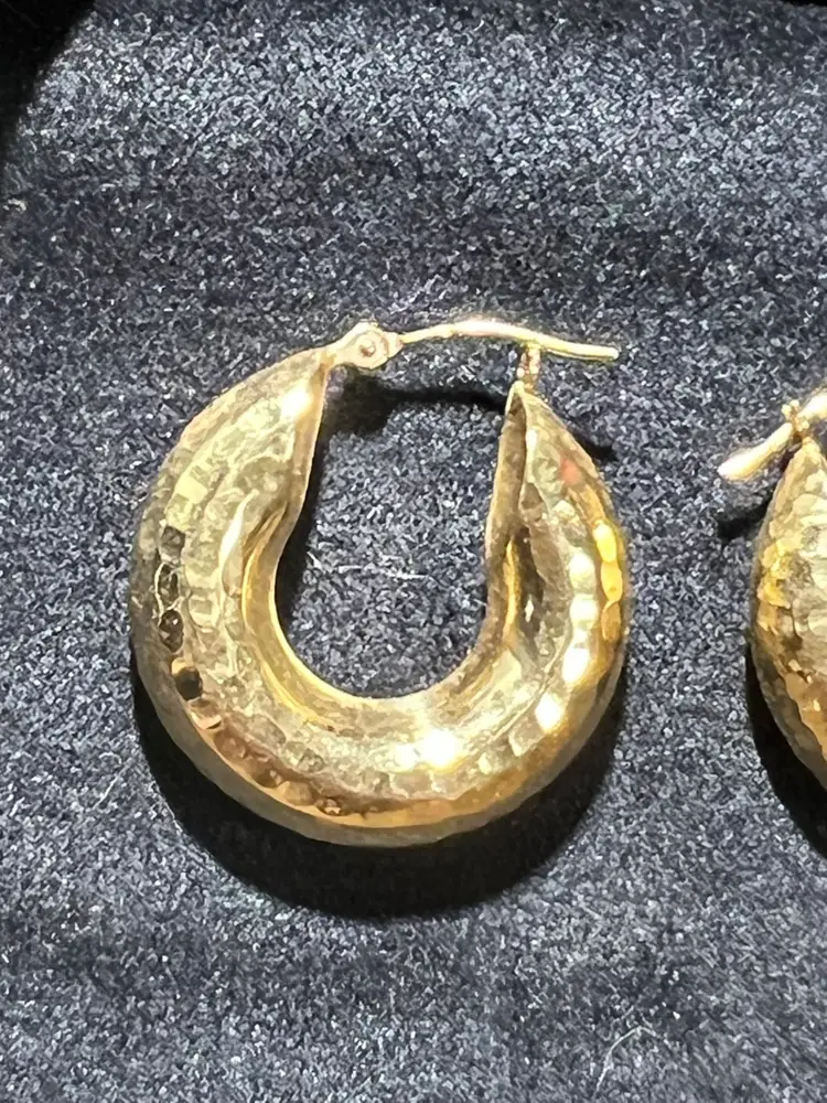 14K Gold Hoop Ear Rings, Hammered Texture, 3/4 “ Tall