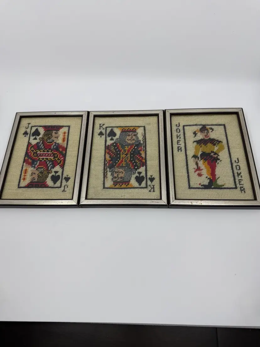 3 Vintage Framed Needlepoint Artworks King, Jack, Joker 6 X8” Man Cave - Game Room