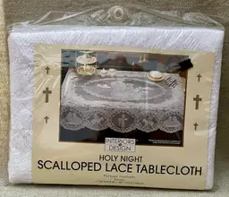Christmas HOLY NIGHT Scalloped Lace Tablecloth 60” x 104” seating 8-10 2006 NOS