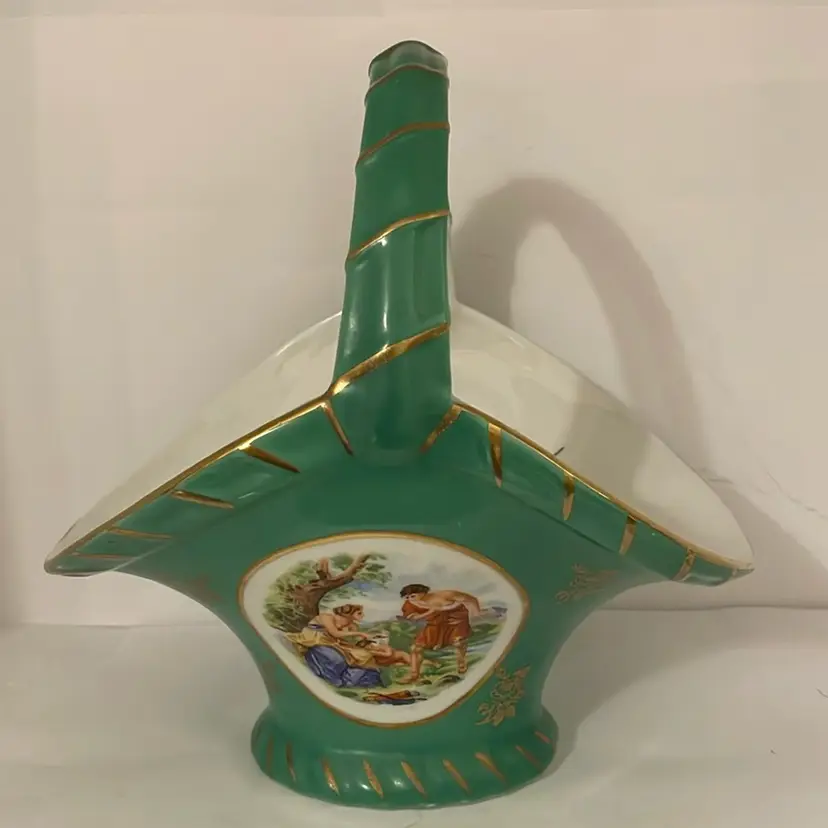 #600 VTG Erphila Germany Porcelain Basket Matte Green With Woman And Archer Tending An Angel